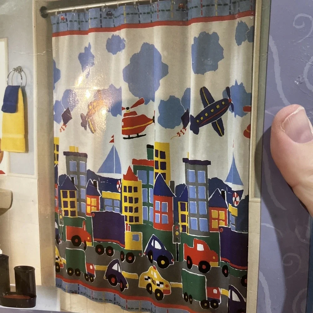 Vintage Jubilee City Shapes‎ Cars Planes Fabric Shower Curtain - 70x72